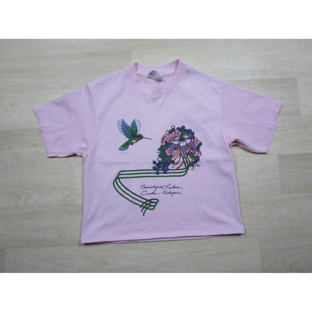 Vintage Destination Women's T Shirt (S) Pink Crop Top 1980's Manistique Lakes MI